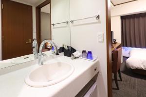 钏路Dormy Inn PREMIUM Kushiro的带水槽和镜子的浴室