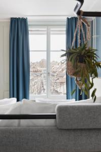 a living room with a window with blue curtains and a plant at Stay KooooK Bern City - Online Check In in Bern