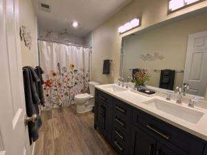 a bathroom with a sink and a toilet and a mirror at 2 BR Family Friendly Nature Getaway near Golf Course in Kalamazoo