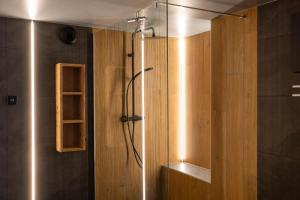 a bathroom with a shower with a glass door at Eden du Boenlesgrab in Lautenbach