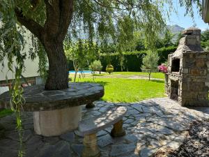 a tree sitting on a stone bench under a tree at La Casona El Carrascal in La Gandara