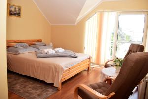 um quarto com 2 camas, uma cadeira e uma janela em Nóra apartman em Harkány