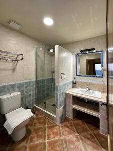 La salle de bains est pourvue de toilettes, d'un lavabo et d'une douche. dans l'établissement Alkalea Hospedería, à Alcalá del Júcar