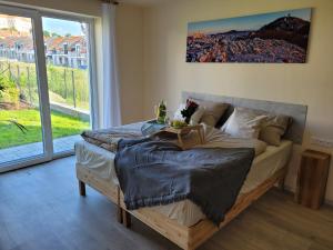 a bedroom with a bed and a large window at Zámek na dlani Mikulov in Mikulov