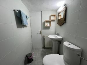 a small bathroom with a toilet and a sink at B&B Monastiriako in Giannoudi +49 photos