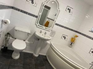 a bathroom with a toilet and a sink and a tub at Spacious 1 bed bungalow located on a Gower Sheep Farm in Swansea