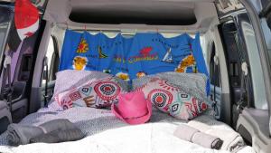Una cama en una furgoneta con almohadas y un sombrero rosa en EndlessCamperVan, en San Miguel de Abona
