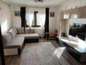 ein Wohnzimmer mit einem Sofa und einem Flachbild-TV in der Unterkunft Cazare la munte Comarnic in Comarnic
