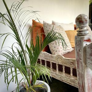 uma cama com almofadas e plantas num quarto em The Yard Hiriketiya em Hiriketiya