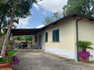 una pequeña casa blanca con persianas verdes en Casa vacanze Tilly en Pannaconi