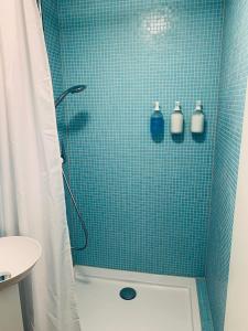 La salle de bains est pourvue d'une douche et d'un mur en carrelage bleu. dans l'établissement Alte Scheune, Parken-WLAN-Küche-Bad-Tierlieb, à Däniken