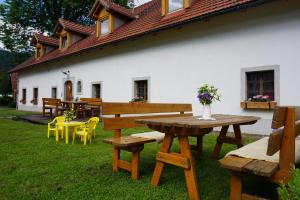 una mesa de picnic y sillas frente a un edificio en Ferien am Land - WALDBAUER, en Rossleithen