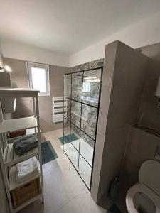 a bathroom with a toilet and a glass cabinet at 2 pièces au centre d'Antibes. in Antibes