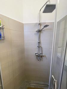 eine Dusche mit Glastür im Bad in der Unterkunft Hexagon Apartment in Temerin