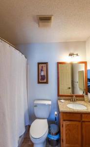ein Badezimmer mit einem WC, einem Waschbecken und einem Spiegel in der Unterkunft Lincoln Station Retreat in Lincoln