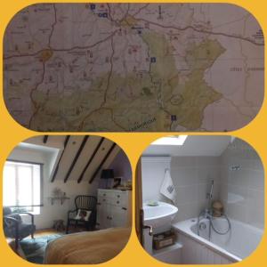 two pictures of a bedroom and a bathroom at La Maison des Fleurs in Scrignac