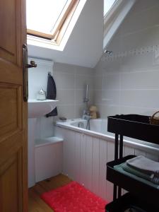a bathroom with a sink and a bath tub with a skylight at La Maison des Fleurs in Scrignac
