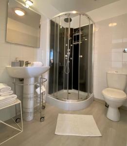 La salle de bains est pourvue d'une douche, d'un lavabo et de toilettes. dans l'établissement Appartements Pech Mary, à Carcassonne
