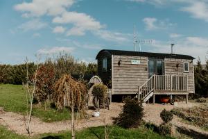 a small wooden cabin in a field with a yard at The Little John Petite Cosy log Cabin Romantic Stay Sleeps 2 Near Sherwood Forest at Fairview Farm Nottingham set in 88 acres in Blidworth