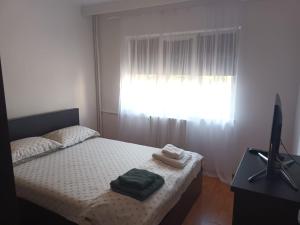 a bedroom with a bed with a window and a television at Acasă in Drobeta-Turnu Severin