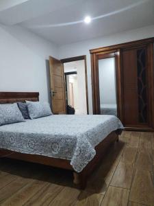 1 dormitorio con 1 cama grande y espejo en Appartement Niché au cœur de Bejaia, en Bugía