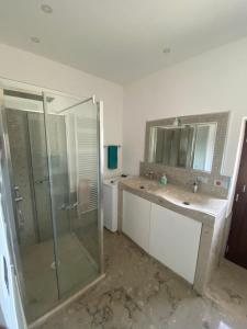 Un baño con ducha, lavabo y espejo. en Casa Royal, en Ausonia