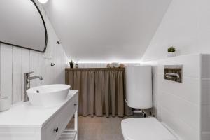 a bathroom with a sink and a toilet and a mirror at Lapmanni Studios in Haapsalu