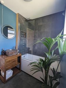 a bathroom with a tub and a sink and a plant at Spacious Unique Brighton Home FREE Parking in Brighton & Hove
