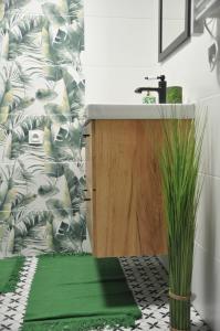 baño con lavabo y alfombra verde en Domek letniskowy całoroczny zalew Chańcza Willa Leśny Czar balia sauna, en Raków