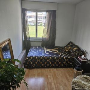 Schlafzimmer mit einem Bett und einem Fenster in der Unterkunft Gemütliches Zimmer in ruhiger Umgebung Privatanbieter in Lyss