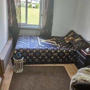 małe łóżko w pokoju z oknem w obiekcie Gemütliches Zimmer in ruhiger Umgebung Privatanbieter w mieście Lyss