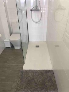 a bathroom with a toilet and a glass shower at PRIMERA LÍNEA DE PLAYA, LA ARENA A TUS PIES in Aguadulce +7 photos
