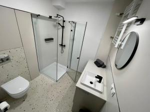 La salle de bains est pourvue d'une douche, de toilettes et d'un lavabo. dans l'établissement Apartament w Śródmieściu, à Gdynia