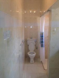 a bathroom with a toilet and a glass shower at Charming 2-Bed Cottage in Benin City in Benin City
