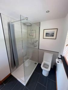 a bathroom with a shower and a toilet at Barty’s Bothy in Contin