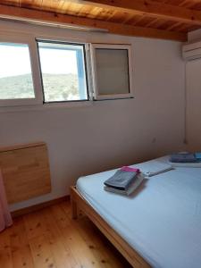 a bedroom with a bed in a room with two windows at Katerina's traditional house in lefkes village in Lefkes