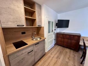 a small kitchen with a sink and a counter at Bajta Kroparica in Kropa