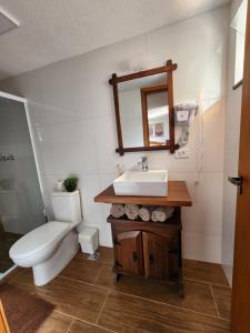 uma casa de banho com um lavatório, um WC e um espelho. em Suítes Andorinhas em Monte Verde