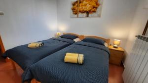 due letti in una camera da letto con piumoni blu sopra di Apartment Pergola with Mediterranean Garden & BBQ a Portoroz