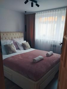 a bedroom with a bed with two pillows on it at Apartamenty w Pieninach in Sromowce Wyżne