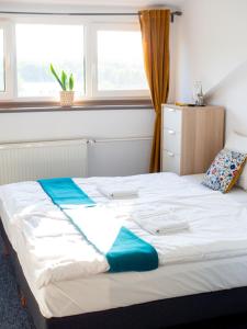 a bedroom with a large bed with a window at Willa MM Kaszuby in Łapalice