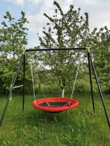 a red swing in a field with a tree at Stara Stolarnia in Ruciane-Nida