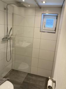 ein Bad mit einer Dusche, einem WC und einem Fenster in der Unterkunft Zani Helga in Schruns-Tschagguns