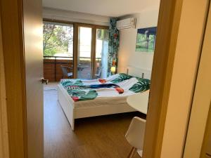 a small bedroom with a bed and a window at Aranyhíd B-1 apartman in Balatonfüred