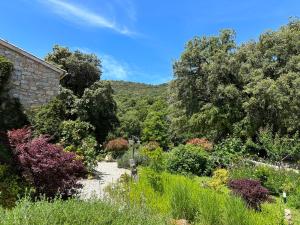 a garden with flowers and trees on a sunny day at Maison d'Hôtes Zella in Bains de Guitera