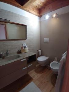 a bathroom with a sink and a toilet and a mirror at Appartamento- Godendosi la vista in Comano