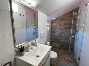 a bathroom with a sink and a shower and a toilet at Apartments Ana in Stari Grad