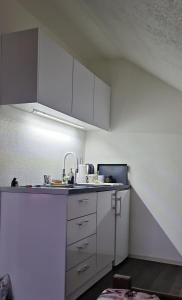 a small kitchen with white cabinets and a sink at Apartments Martin Brod in Martin Brod