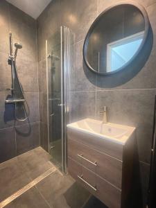 a bathroom with a shower and a sink and a mirror at Ecolodge Bergzicht de Bosuil - vakantiehuis aan het bos in Lochem