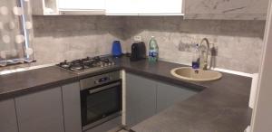 een keuken met een wastafel en een fornuis top oven bij Apartament lux in Roman